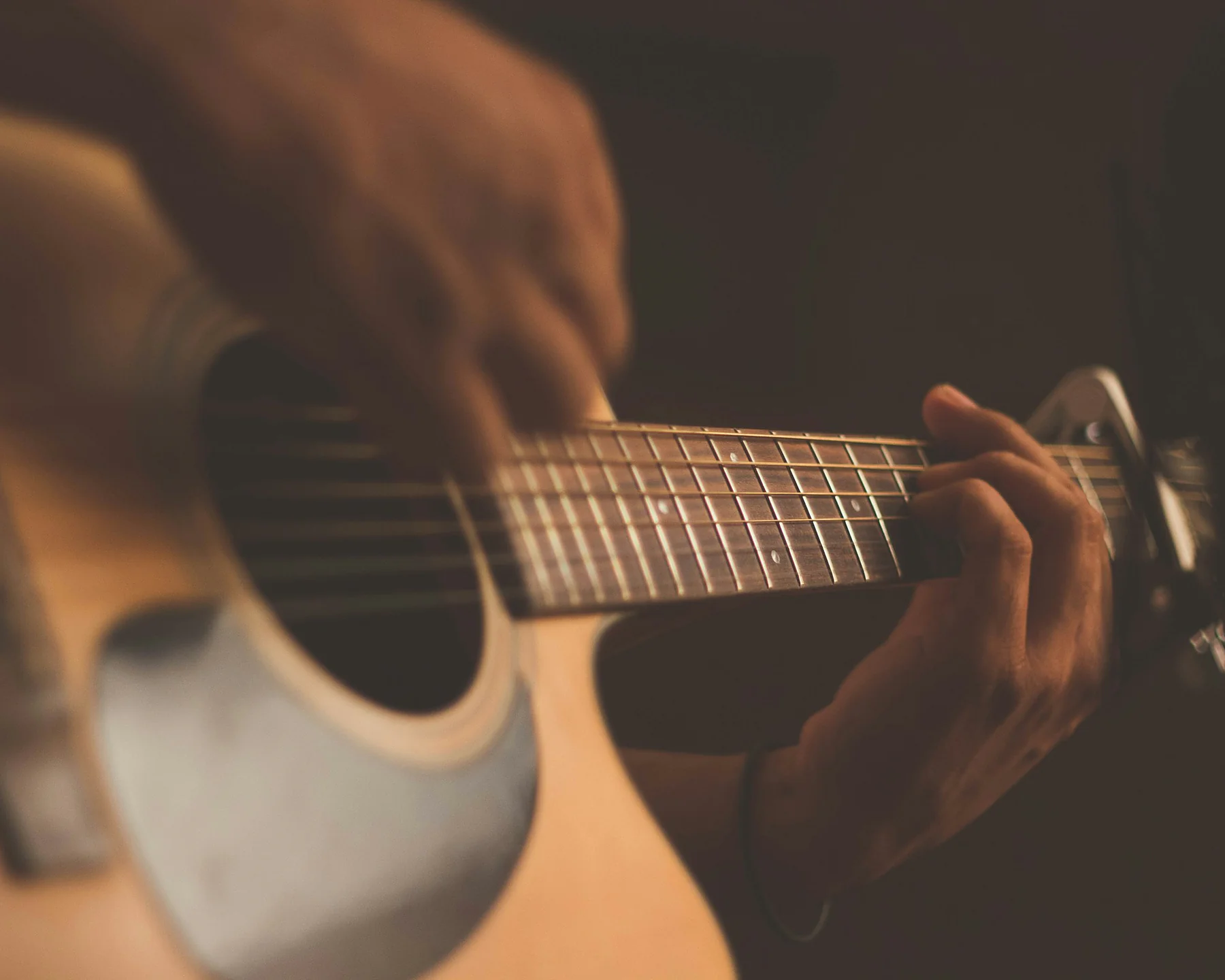 A worship guitarist playing during a church service.